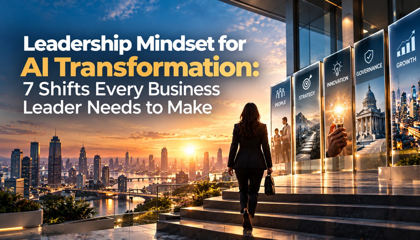 Leadership Mindset for AI Transformation: 7 Shifts Every Business Leader Needs to Make — a leader climbing steps towards panels labelled People, Strategy, Innovation, Governance and Growth
